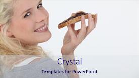  Presentation with spread - Cool new PPT theme with food harina - woman eating bread and chocolate backdrop and a  colored foreground