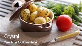  Presentation with rustic wood wooden frame - Theme enhanced with food harina - young boiled potatoes in pan background and a tawny brown colored foreground