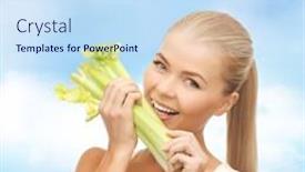  Presentation with celery - Presentation theme featuring food healthcare and diet concept - woman biting piece of celery or green salad background and a sky blue colored foreground