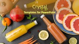  Presentation with juices - Slides enhanced with food healthy eating and vegetarian concept - glass bottles of fruit and vegetable juices on slate table top background and a tawny brown colored foreground
