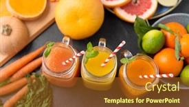  Presentation with mason jar - Amazing theme having food healthy eating and vegetarian concept - mason jar glasses of orange and carrot juices with paper straws fruits and vegetables on slate table backdrop and a tawny brown colored foreground
