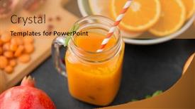  Presentation with mason jar - Cool new slide deck with food healthy eating and vegetarian concept - mason jar glass of orange or carrot juice with paper straw and citrus fruits on slate table top backdrop and a yellow colored foreground