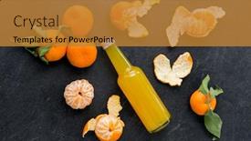  Presentation with fruit juice bottle - Slide set with food healthy eating and vegetarian concept - glass bottle of fruit juice and peeled mandarins on slate table top background and a gold colored foreground