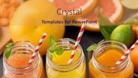  Presentation with mason jar - Audience pleasing presentation design consisting of food healthy eating and vegetarian concept - mason jar glasses of orange and carrot juices with paper straws fruits and vegetables on slate table backdrop and a gold colored foreground