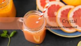  Presentation with mason jar - Cool new presentation design with food healthy eating and vegetarian concept - mason jar glass of grapefruit juice with paper straw and citrus fruits on slate table top backdrop and a coral colored foreground