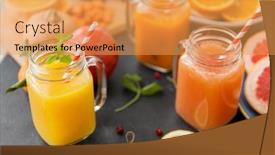  Presentation with mason jar - Slide deck with food healthy eating and vegetarian concept - mason jar glasses of orange and carrot juices with paper straws fruits and vegetables on slate table background and a yellow colored foreground