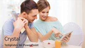  Presentation with food technology - PPT layouts having food home couple and technology concept - smiling couple with tablet pc reading news and having breakfast at home background and a coral colored foreground