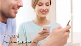  Presentation with food technology - Slide set consisting of food home couple and technology concept - smiling couple with smartphones reading news and having breakfast at home background and a coral colored foreground