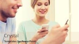  Presentation with food technology - Theme featuring food home couple and technology concept - smiling couple with smartphones reading news and having breakfast at home background and a coral colored foreground