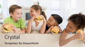  Presentation with children and healthy eating - Audience pleasing slides consisting of food home delivery - four young children eating cheeseburgers backdrop and a soft green colored foreground