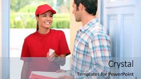  Presentation with pizza delivery - PPT layouts enhanced with food home delivery - woman delivering pizza background and a light blue colored foreground