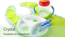  Presentation with bright white - Cool new PPT theme with food hygiene - bright baby tableware and bib backdrop and a mint green colored foreground