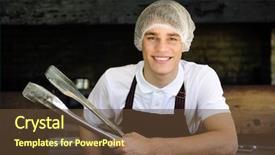  Presentation with restaurant - PPT theme enhanced with food hygiene - happy young man working background and a tawny brown colored foreground