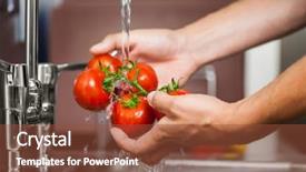  Presentation with kitchen - Theme featuring food hygiene - kitchen porter washing tomatoes background and a tawny brown colored foreground