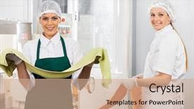  Presentation with pasta - Cool new slide deck with food hygiene - portrait of happy female chefs backdrop and a coral colored foreground