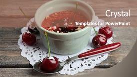  Presentation with dessert - Presentation theme consisting of tasty cherry dessert on table background and a coral colored foreground
