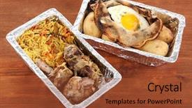  Presentation with chinese food to go box - Amazing PPT theme having port - blue boat bridge coast coastal backdrop and a dark gray colored foreground