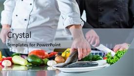  Presentation with food fish - Presentation enhanced with food in teamwork at restaurant background and a light blue colored foreground