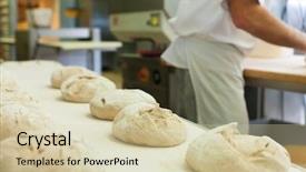  Presentation with baking - Amazing PPT theme having food industries - male baker baking fresh bread backdrop and a soft green colored foreground