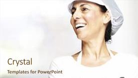  Presentation with top hat - Presentation design having food industries - portrait of middle aged woman background and a cream colored foreground