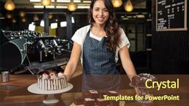  Presentation with chocolate shop - PPT theme consisting of food industry chocolate - smiling barista presenting plate background and a  colored foreground