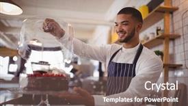  Presentation with lid - Slides enhanced with food industry chocolate - smiling young waiter holding glass background and a violet colored foreground