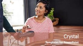  Presentation with coffee shop - Presentation enhanced with food industry chocolate - woman using her smartphone background and a coral colored foreground