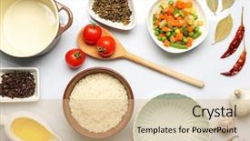  Presentation with utensils - Cool new presentation theme with instructional tool - food ingredients and kitchen utensils backdrop and a coral colored foreground