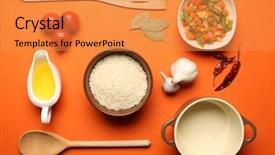  Presentation with kitchen utensils - PPT theme featuring food ingredients and kitchen utensils background and a gold colored foreground