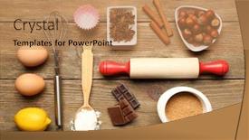  Presentation with cooking utensils - Slide set with cooking on wooden background background and a coral colored foreground