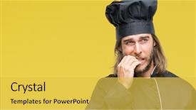  Presentation with stress and anxiety - Presentation theme with food insecurity - young handsome cook man background and a yellow colored foreground