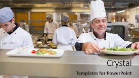  Presentation with food inspection - Presentation theme having food inspection - head chef checking salad background and a coral colored foreground