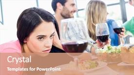  Presentation with looking glass - Presentation with food intoxication - drunk woman looking at wine background and a coral colored foreground