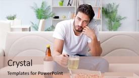  Presentation with pizza - Slide deck with food intoxication - man eating pizza having background and a soft green colored foreground