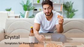  Presentation with pizza and sports - PPT layouts with food intoxication - man eating pizza having background and a coral colored foreground