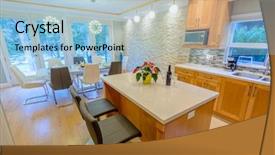  Presentation with clean house - Colorful presentation design enhanced with food investment - modern bright clean kitchen interior backdrop and a light blue colored foreground