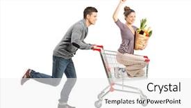  Presentation with woman pushing shopping trolley - PPT theme with food isolated on white background background and a white colored foreground