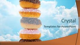  Presentation with blue food - Presentation theme having food junk-food and eating concept - close up of glazed donuts pile on wooden table over blue sky and clouds background background and a sky blue colored foreground