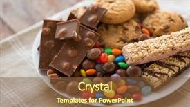  Presentation with junk food - Colorful PPT layouts enhanced with food junk-food and unhealthy eating concept - close up of chocolate oatmeal cookies drop candies and muesli bars on plate backdrop and a tawny brown colored foreground