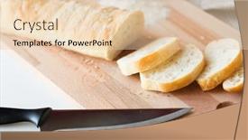  Presentation with junk food - Colorful slide deck enhanced with food junk-food diet and unhealthy eating concept - close up of white bread or baguette and kitchen knife on wooden cutting board backdrop and a lemonade colored foreground
