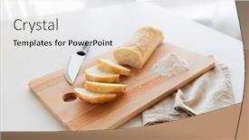  Presentation with junk food - Slide set with food junk-food diet and unhealthy eating concept - close up of white bread or baguette and kitchen knife on wooden cutting board background and a white colored foreground