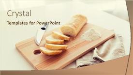  Presentation with junk food - Presentation theme having food junk-food diet and unhealthy eating concept - close up of white bread or baguette and kitchen knife on wooden cutting board background and a cream colored foreground