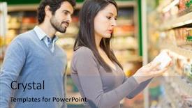  Presentation with food label - Presentation enhanced with food label - couple shopping in a supermarket background and a teal colored foreground