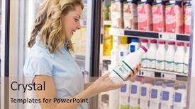  Presentation with food label - Amazing presentation design having food label - smiling woman looking backdrop and a coral colored foreground