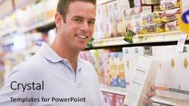  Presentation with grocery - Presentation theme having food label - young man grocery shopping background and a light gray colored foreground