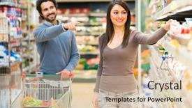  Presentation with supermarket - Presentation design having man asking his girlfriend to buy a product in a supermarket background and a lemonade colored foreground
