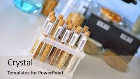  Presentation with test food - Slide deck featuring food laboratory - groats in test tubes background and a coral colored foreground