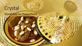  Presentation with moroccan arc - Slide set consisting of food lamb - mrouzia - moroccan tagine background and a  colored foreground