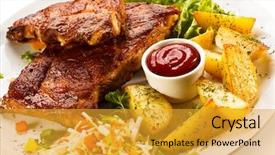  Presentation with ribs - Presentation theme featuring food lamb - tasty grilled ribs with vegetables background and a gold colored foreground