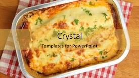  Presentation with container - Slide set consisting of food lasagna - lasagne ready meal in foil background and a yellow colored foreground